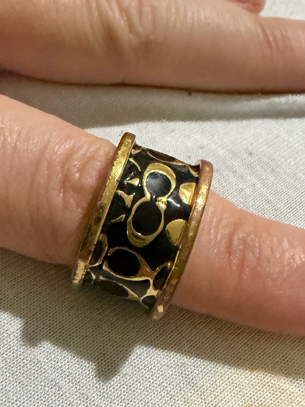 Coach Black Enamel and Gold Accent Wide Band Ring